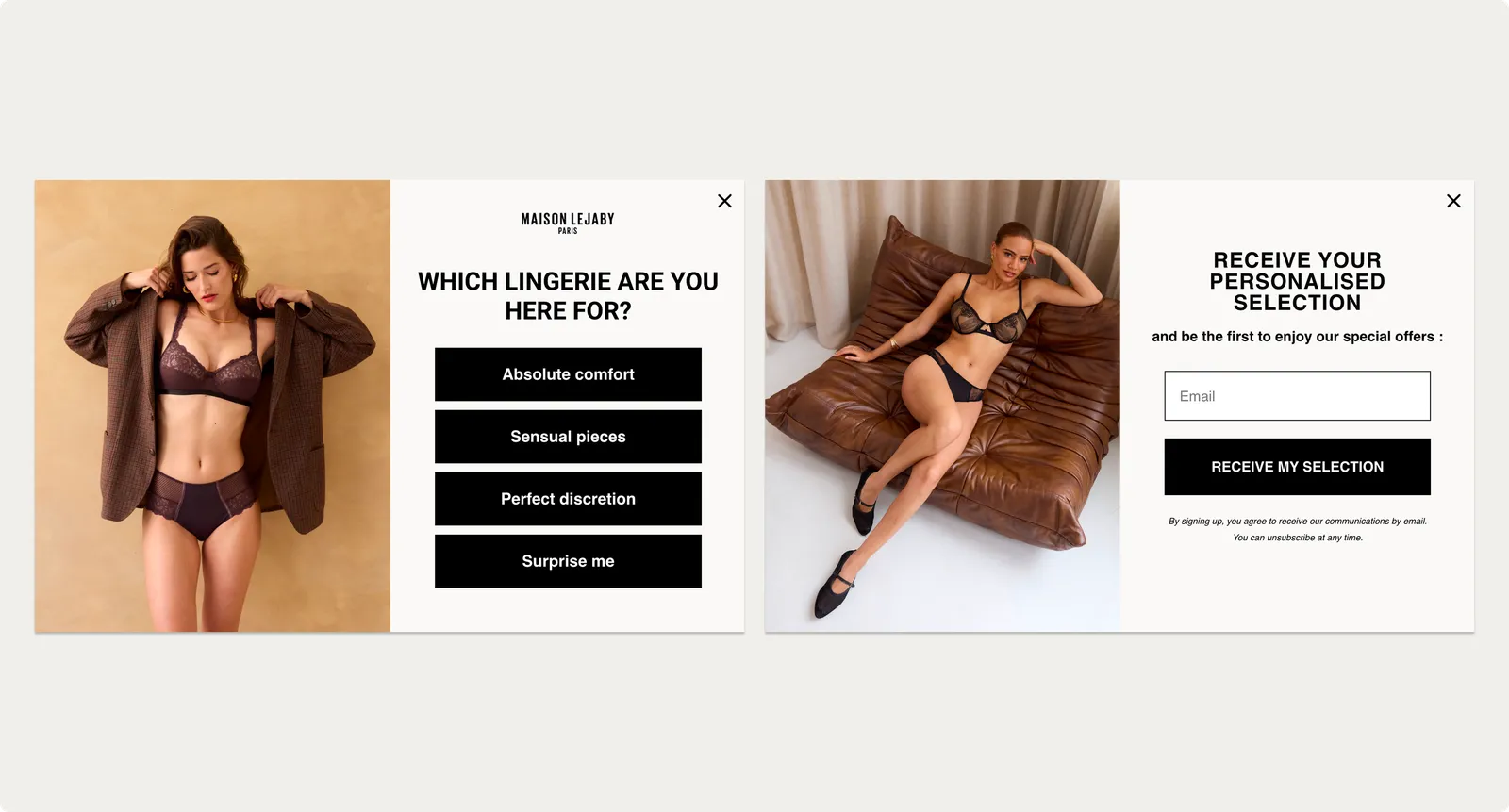 Two-step quiz campaign asking a shopper to choose a category then offering to send matching products