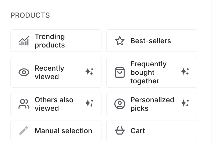 Navigation panel with icons and text for products, including trending, best-sellers, frequently bought together, personalized picks, and cart.