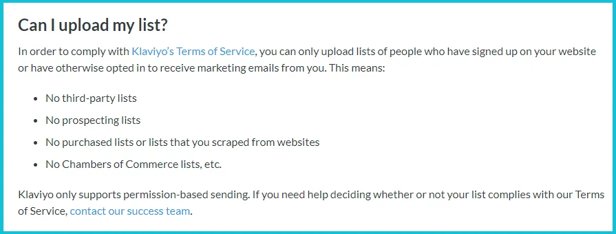 A screenshot of article section that describe requirements of email's lists