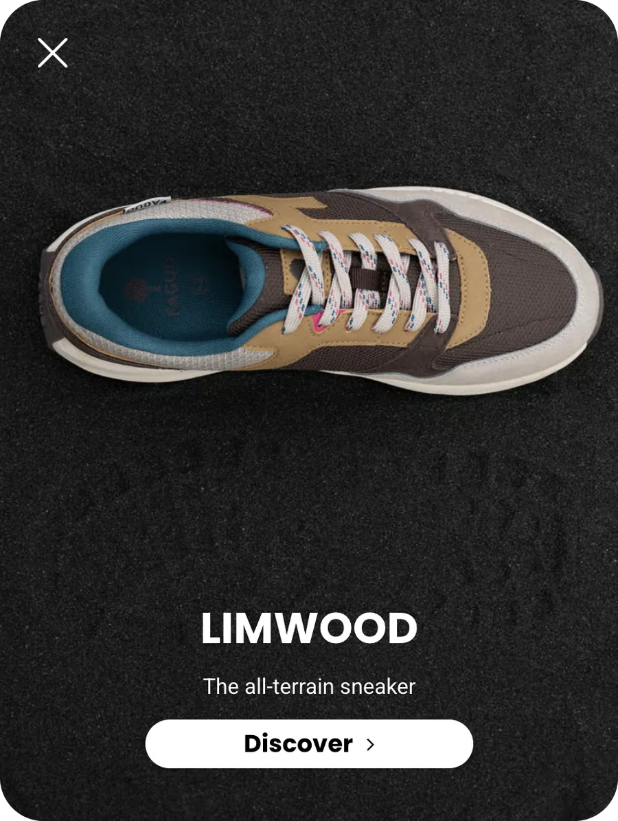 Faguo popup introducing the Limwood all-terrain sneaker with a Discover button