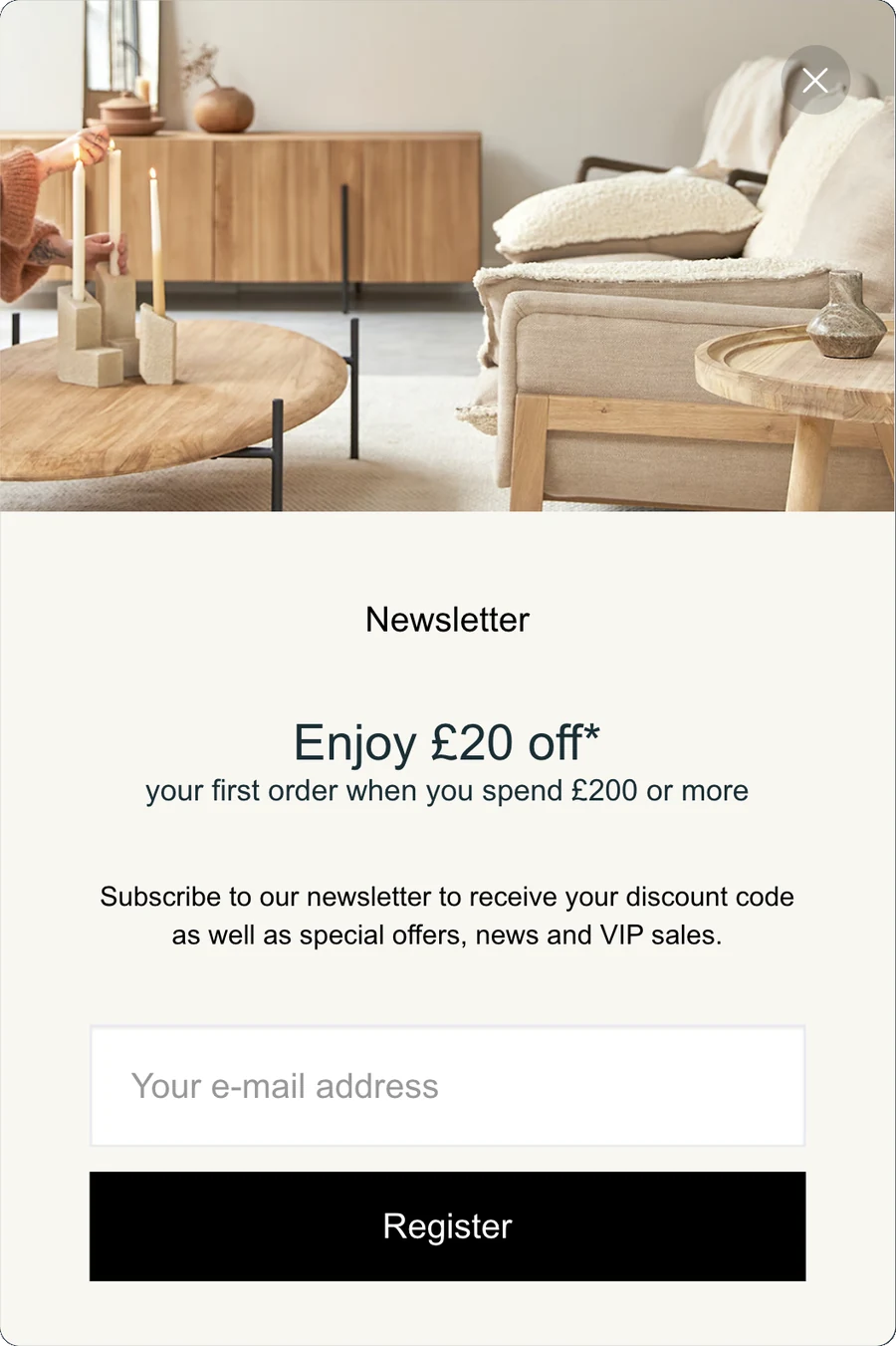 Tikamoon newsletter popup offering 20 pounds off a first order of 200 pounds or more