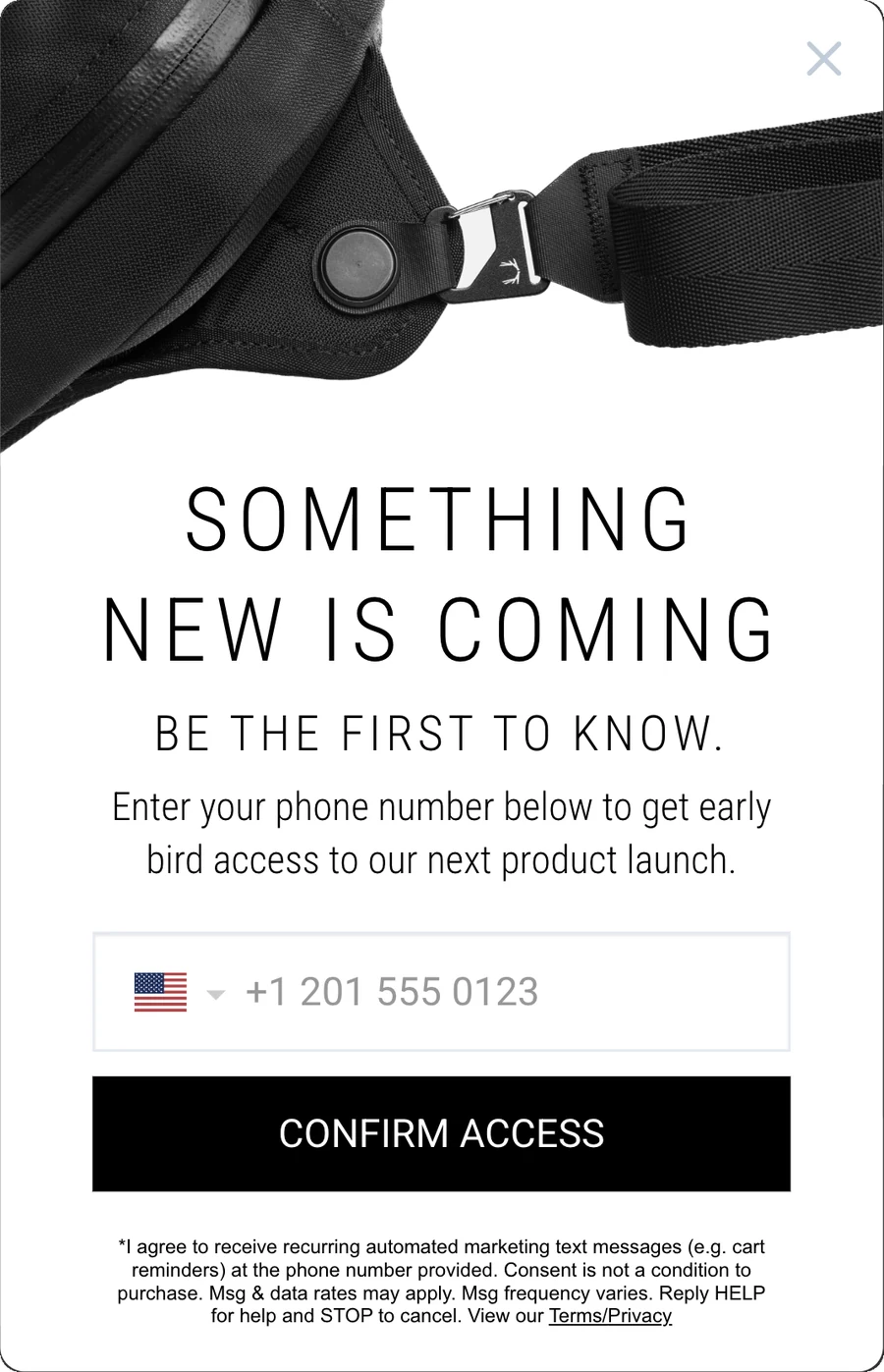 Black Ember popup inviting visitors to share their phone number for early access to the next product launch