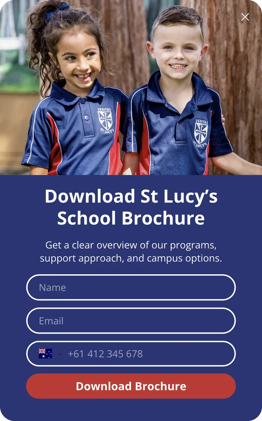 St Lucy’s School popup inviting parents to download the school brochure with their name, email and phone
