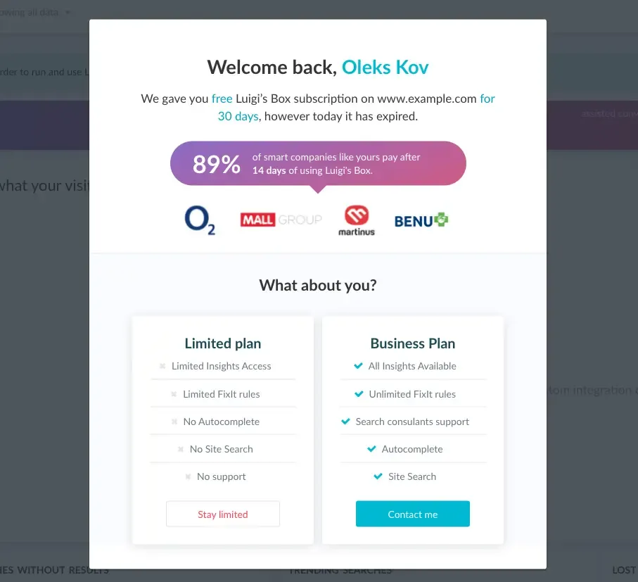b2b in app popup