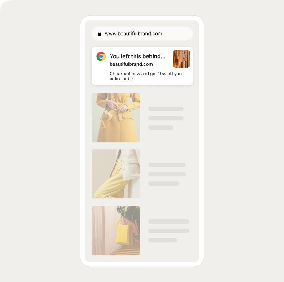 Smartphone screen showing a web push notification offering a 10% discount on an order, featuring images of yellow clothing.