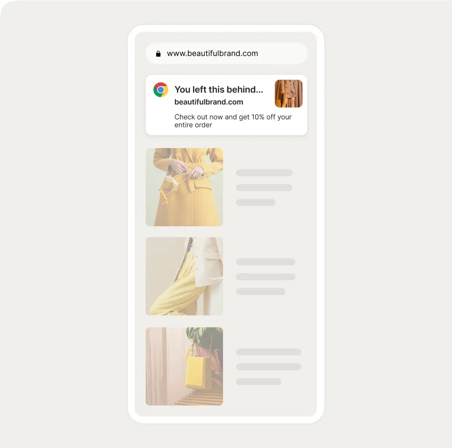 Smartphone screen showing a web push notification offering a 10% discount on an order, featuring images of yellow clothing.