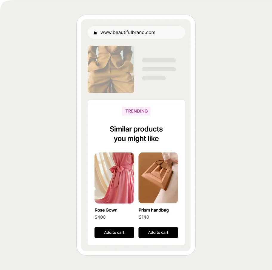 Mobile screen showing a fashion website with a "Trending" embed featuring a rose gown for $400 and a prism handbag for $140.