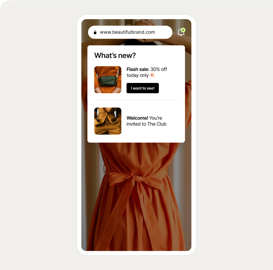 Smartphone displaying a website with notifications feed about a flash sale and club invitation, featuring an orange dress in the background.