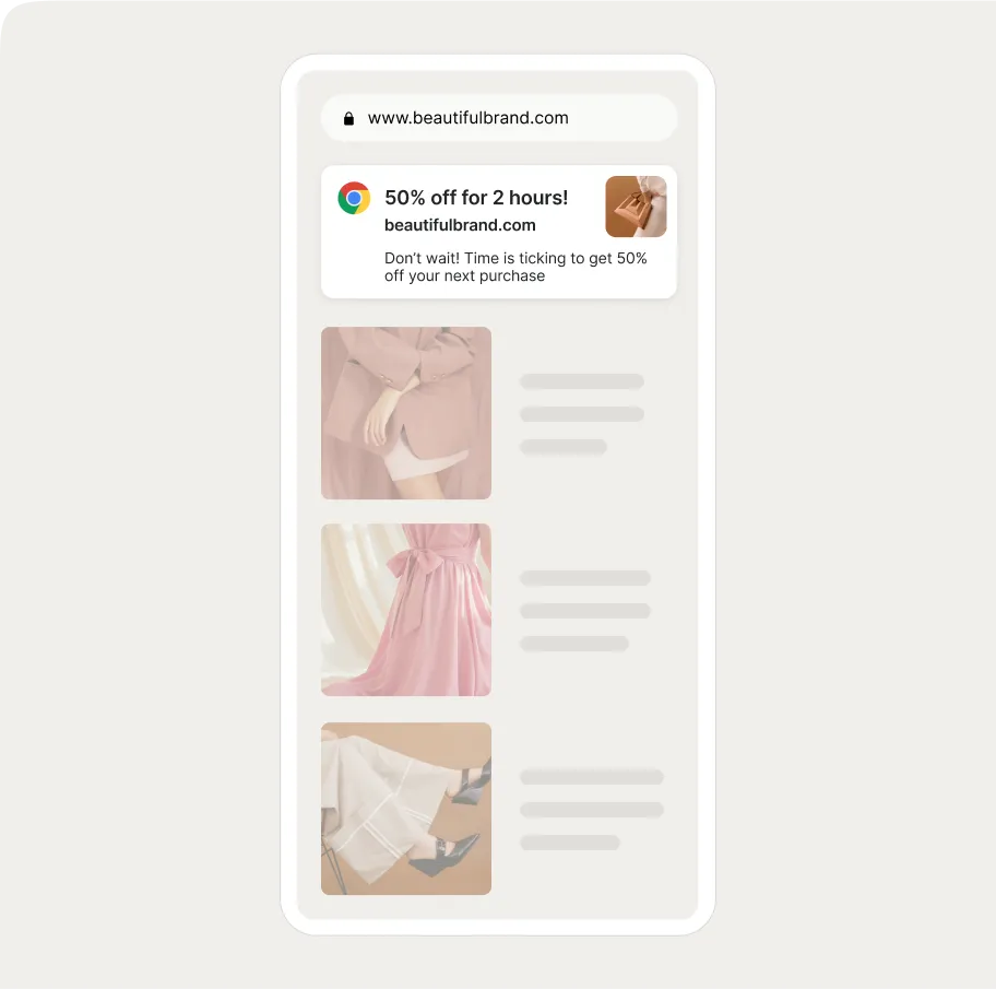 Smartphone screen displaying a web push with a 50% off sale and images of stylish outfits in neutral and pink tones.