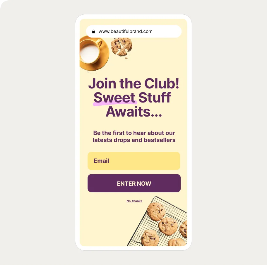 Mobile popup, promoting a club membership. Includes an email sign-up form and a button labeled "ENTER NOW."