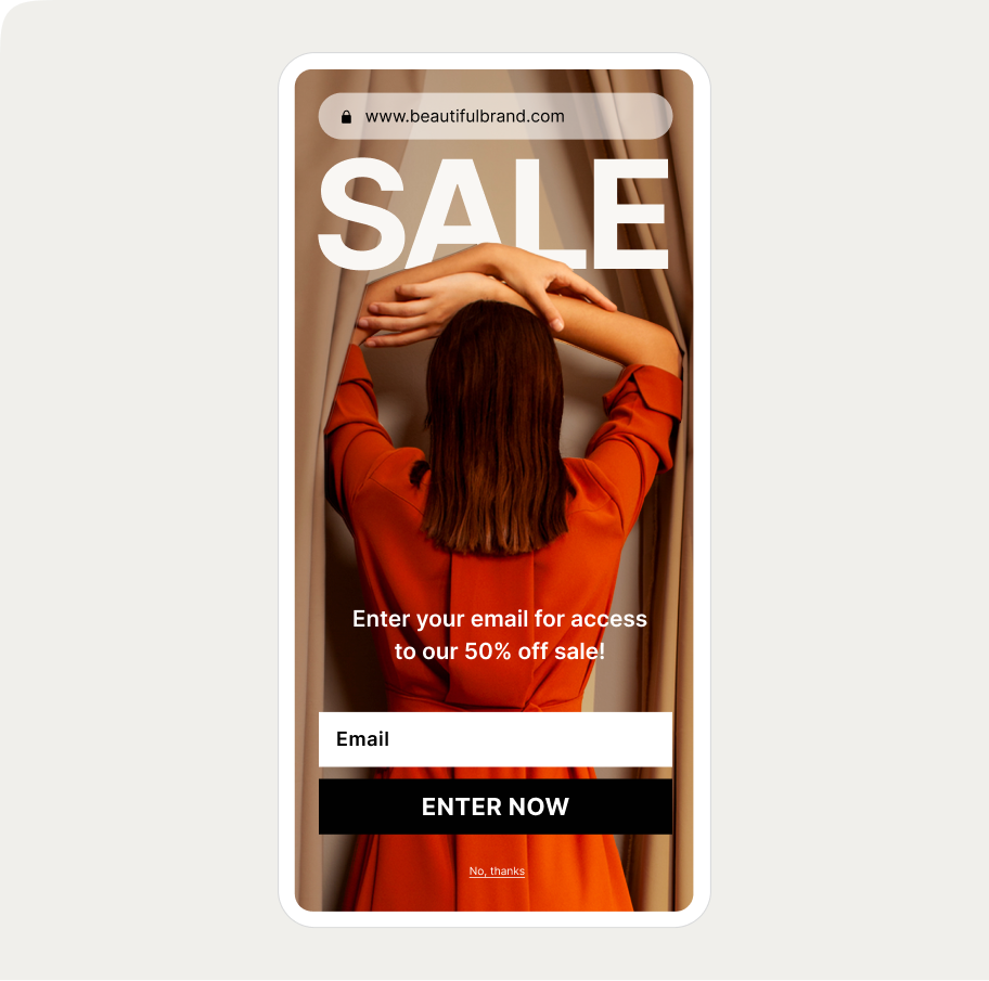 mobile popup with Woman in red dress facing curtains, arms raised. Text: "SALE - Enter your email for access to our 50% off sale!" Email entry form below.