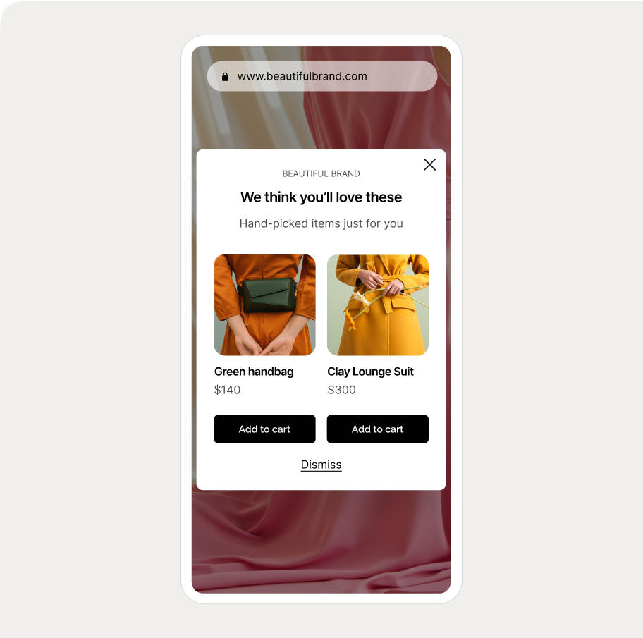 Smartphone screen showing an ai recommendation popup with recommendations: a green handbag for $140 and a clay lounge suit for $300.