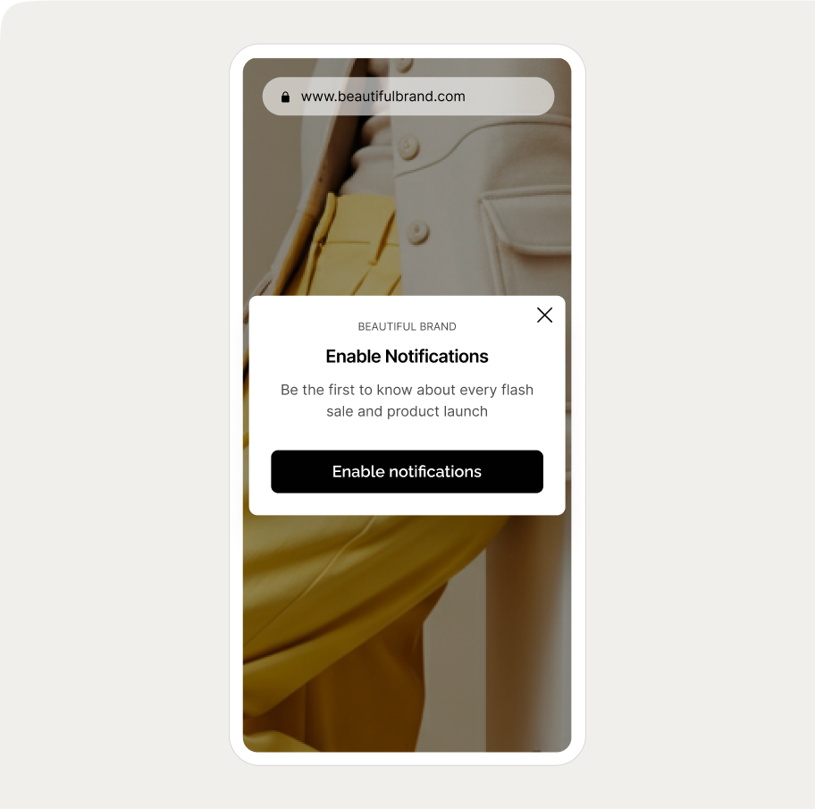 Smartphone screen displaying a popup with a notification prompt overlay. The background shows a person in a yellow outfit.