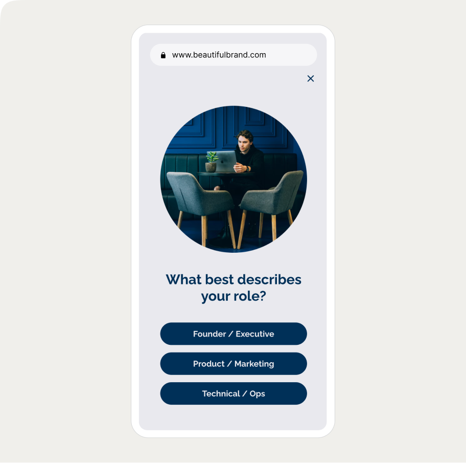 Mobile survey screen with a person working on a laptop in an office, asking to select a role: Founder, Product, or Technical.