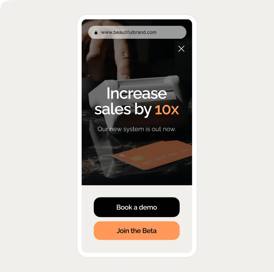 mobile popup with text "Increase sales by 10x," a credit card, and buttons for booking a demo and joining the beta.