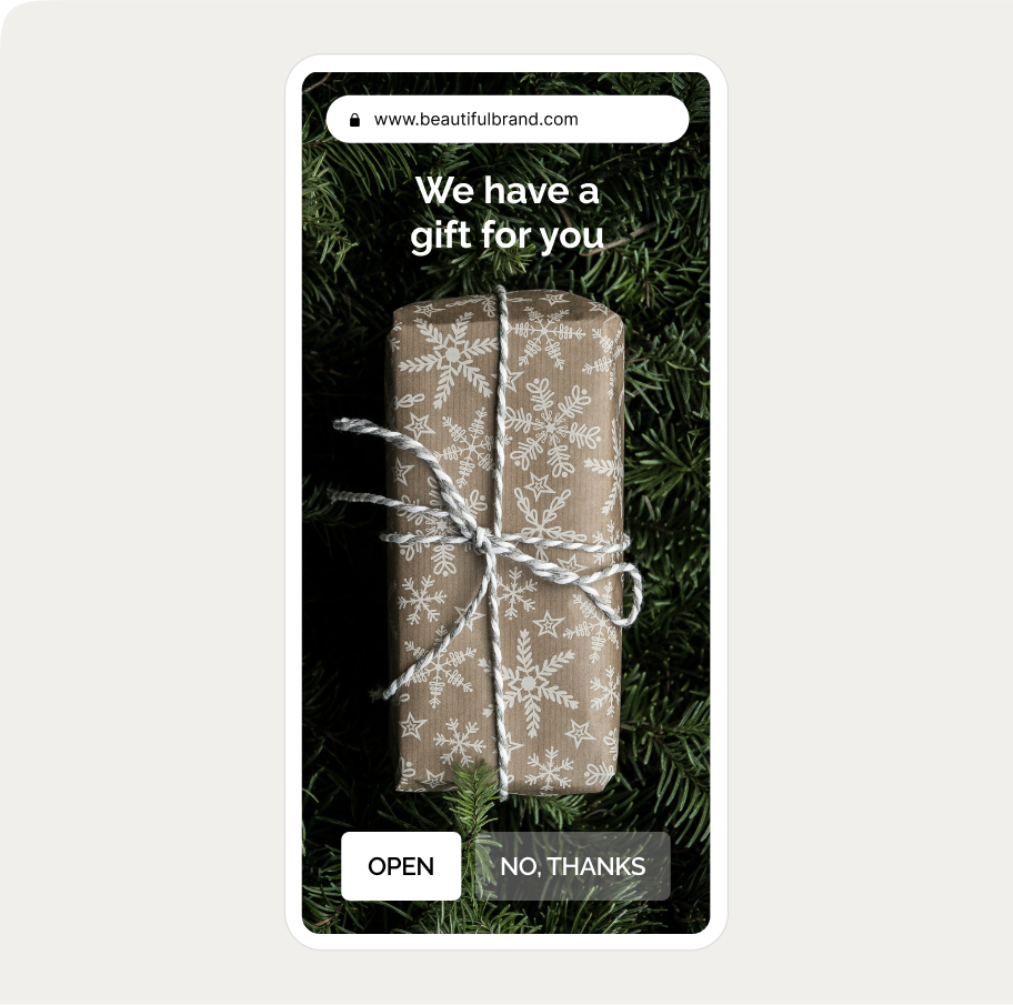 A mobile popup with a gift wrapped in snowflake-patterned paper with twine, set on greenery. Text reads: "We have a gift for you." Options: "Open" or "No, thanks."