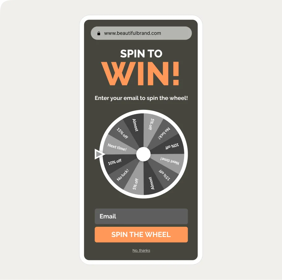 Mobile screen with a "Spin to Win" wheel, email entry field, and "Spin the Wheel" button for promotional offers.
