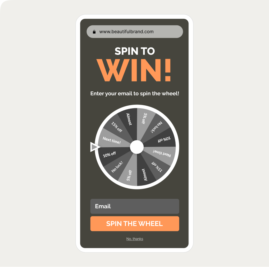 Mobile screen with a "Spin to Win" wheel, email entry field, and "Spin the Wheel" button for promotional offers.