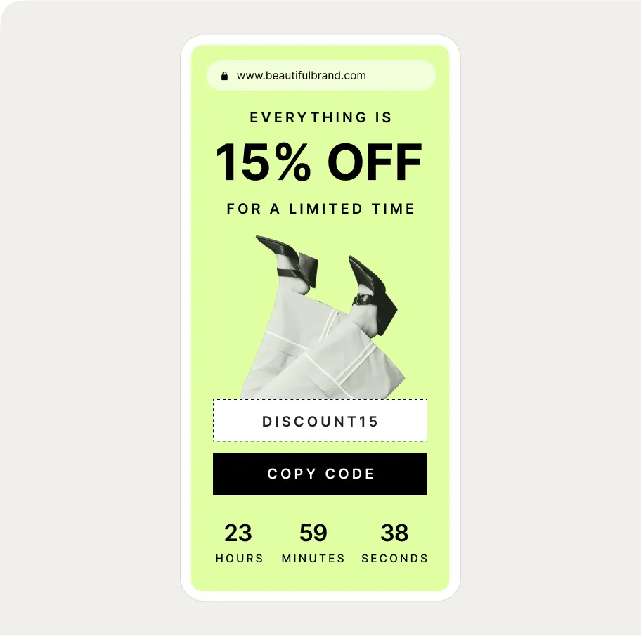 Promotional mobile popup with "15% Off" text, discount code "DISCOUNT15," and countdown timer on a light green background.