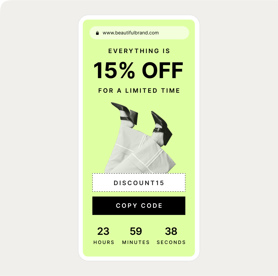 Promotional mobile popup with "15% Off" text, discount code "DISCOUNT15," and countdown timer on a light green background.