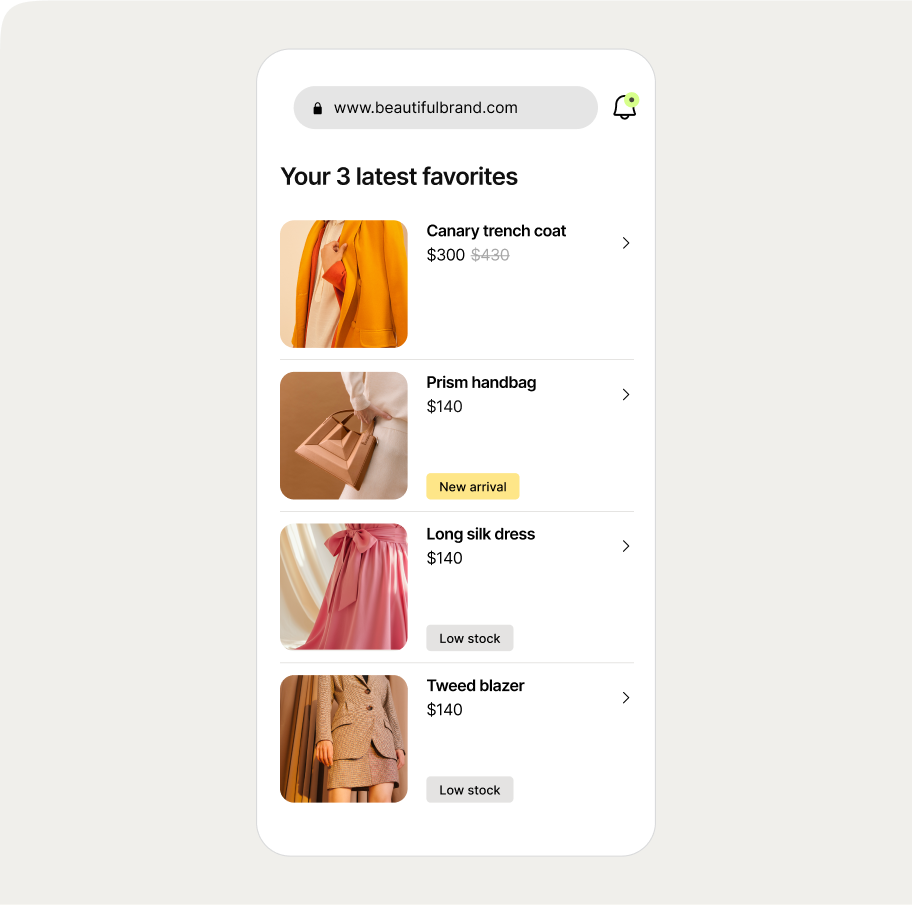 Wisepops feed with AI wishlist with items: trench coat, handbag, silk dress, and blazer, showing prices and stock status.