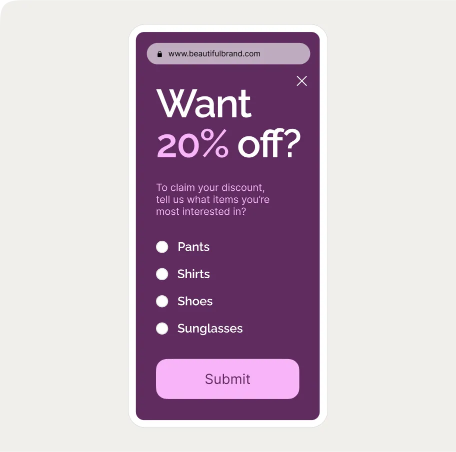 Mobile pop-up offering 20% off with options to select pants, shirts, shoes, or sunglasses. Includes a submit button.