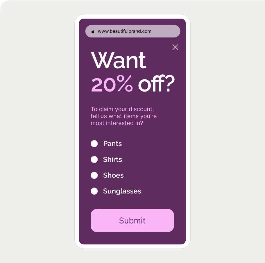 Mobile pop-up offering 20% off with options to select pants, shirts, shoes, or sunglasses. Includes a submit button.