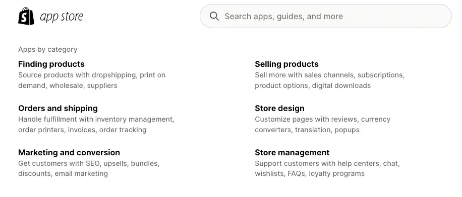 shopify app categories