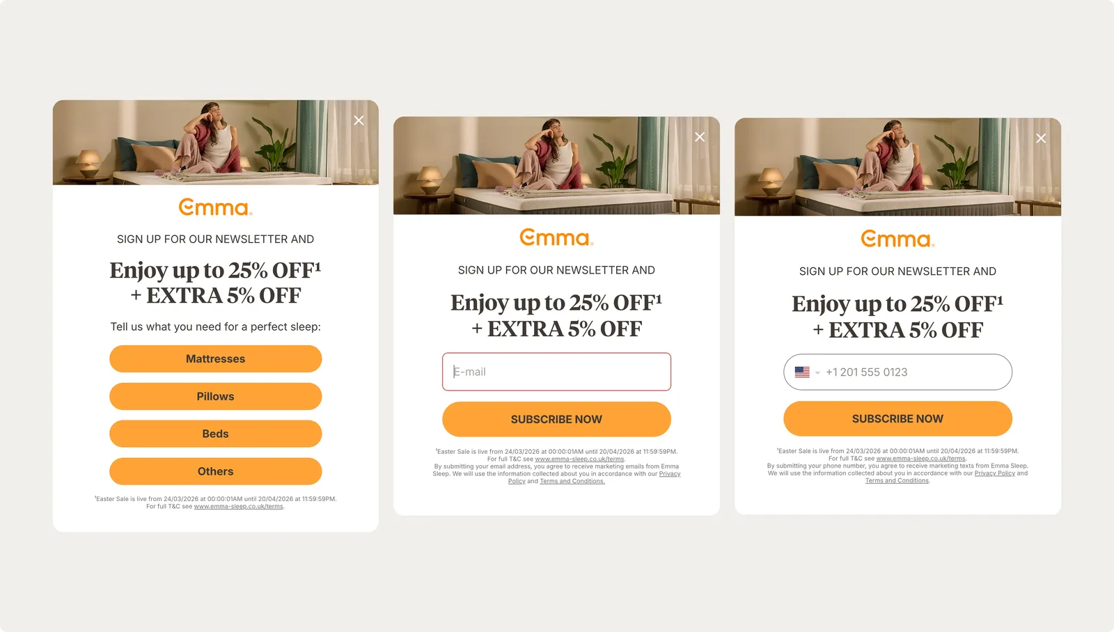 Emma Sleep multi-step signup popup with an interest question