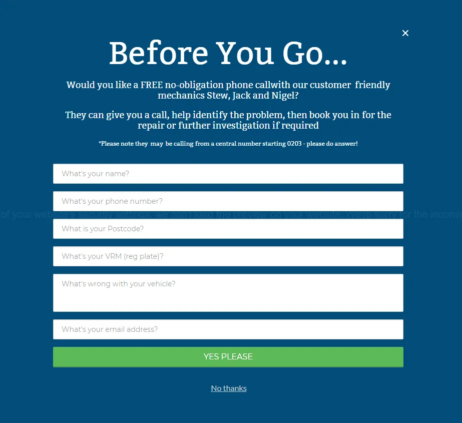 Exit-intent popup with lead form example