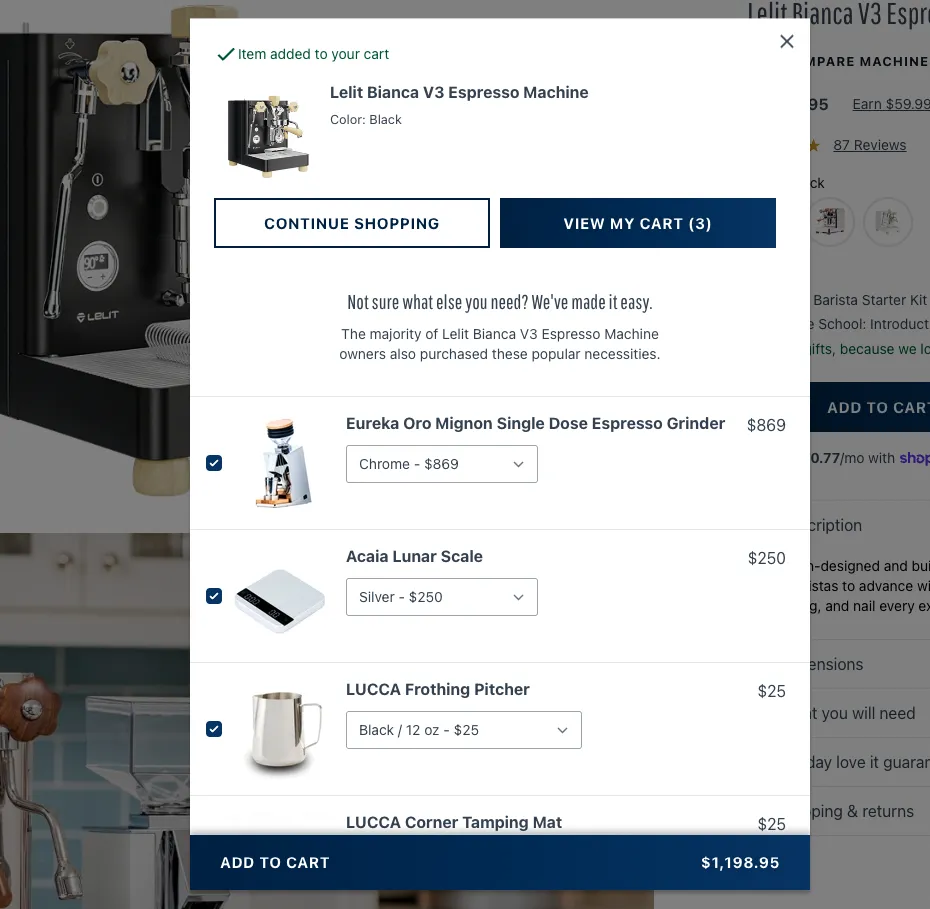 recommendations when added to cart