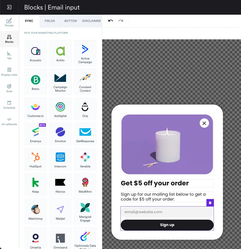 sync emails from Shopify popup
