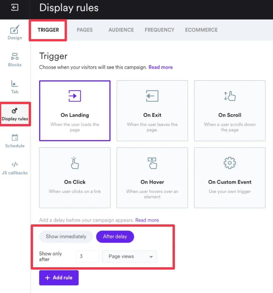 popup delay options for popups