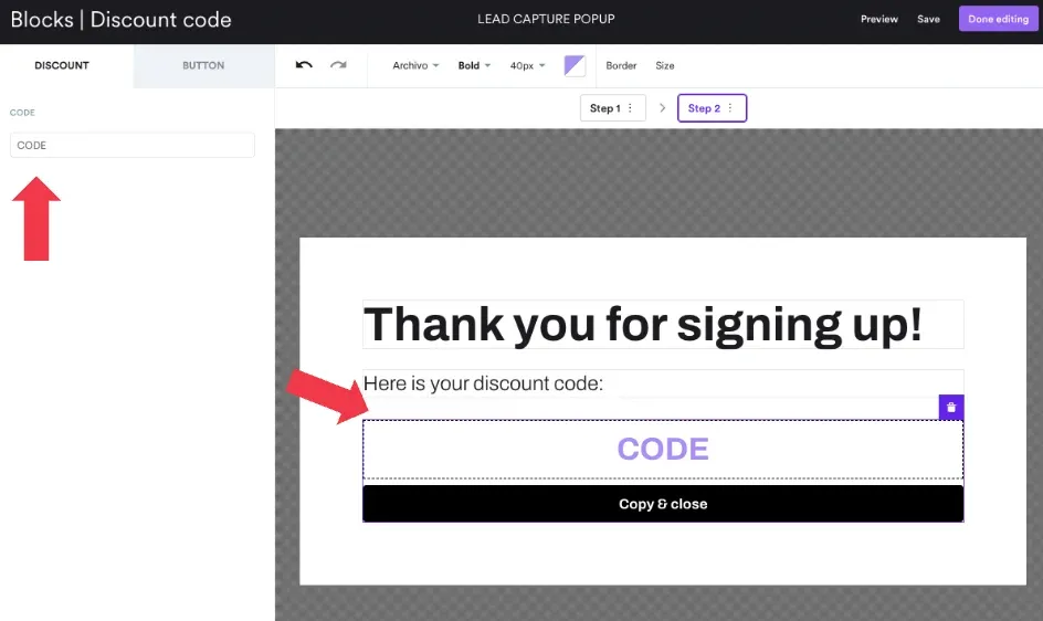adding the discount to a lead capture popup
