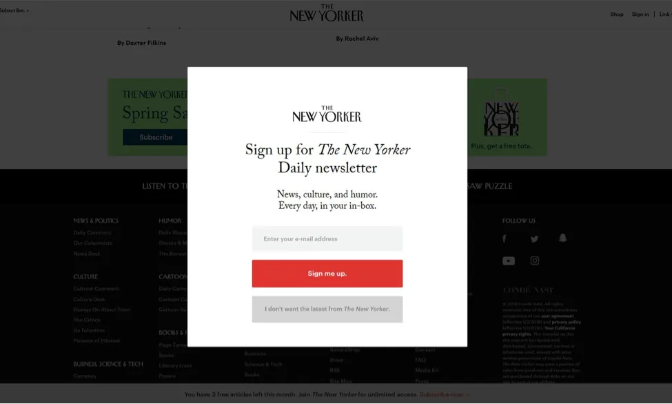The New Yorker email popup example