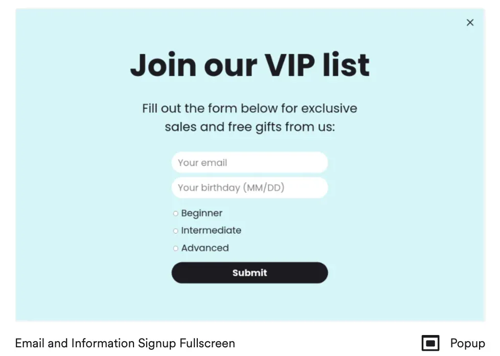 full screen popup template