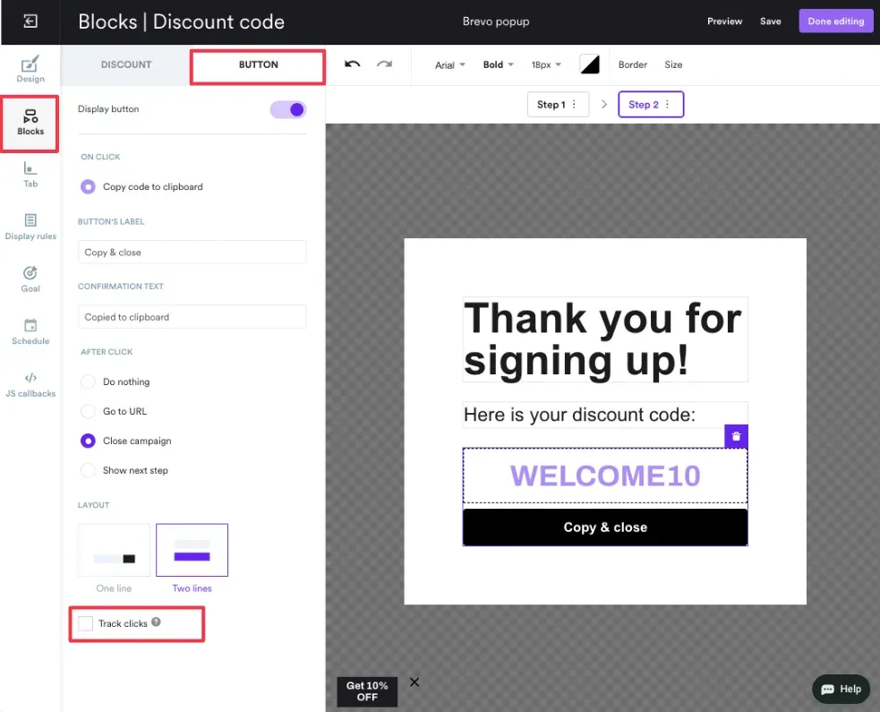 adding click tracking in brevo popup signup campaigns