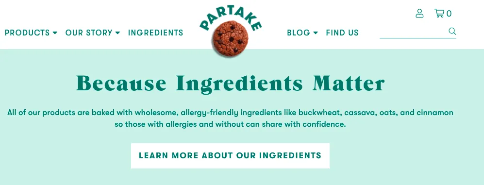 Partake Foods ecommmerce copywriting example