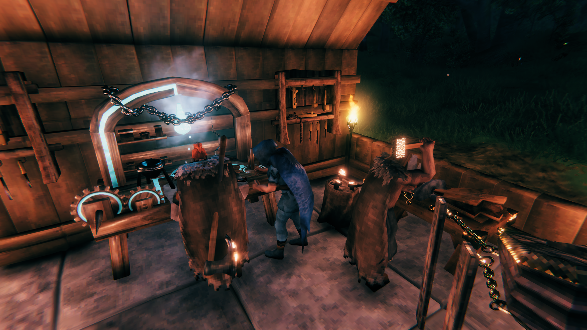 Valheim crafting workshop with forge and workbench used to upgrade gear before the Swamp