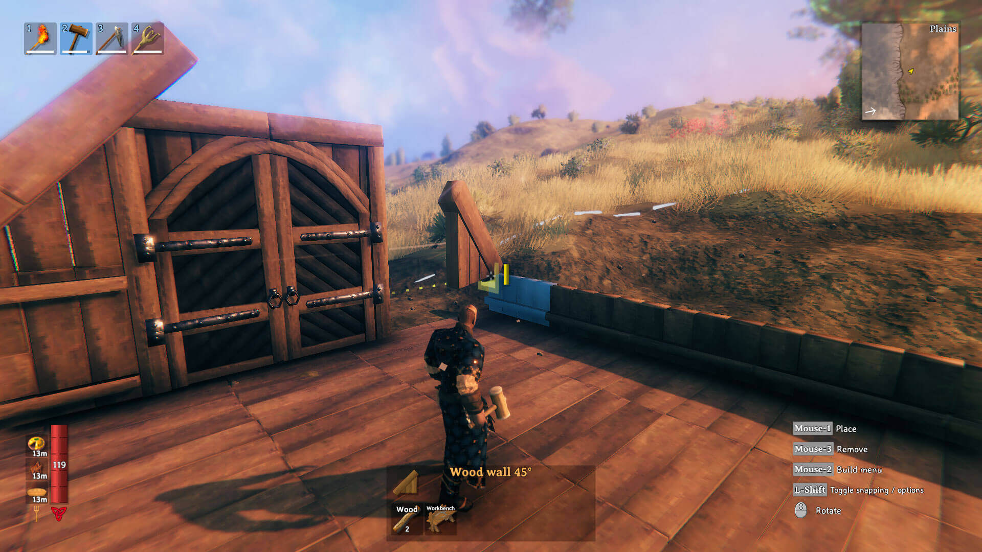 Valheim building interface showing wooden walls used to close a Meadows starter base