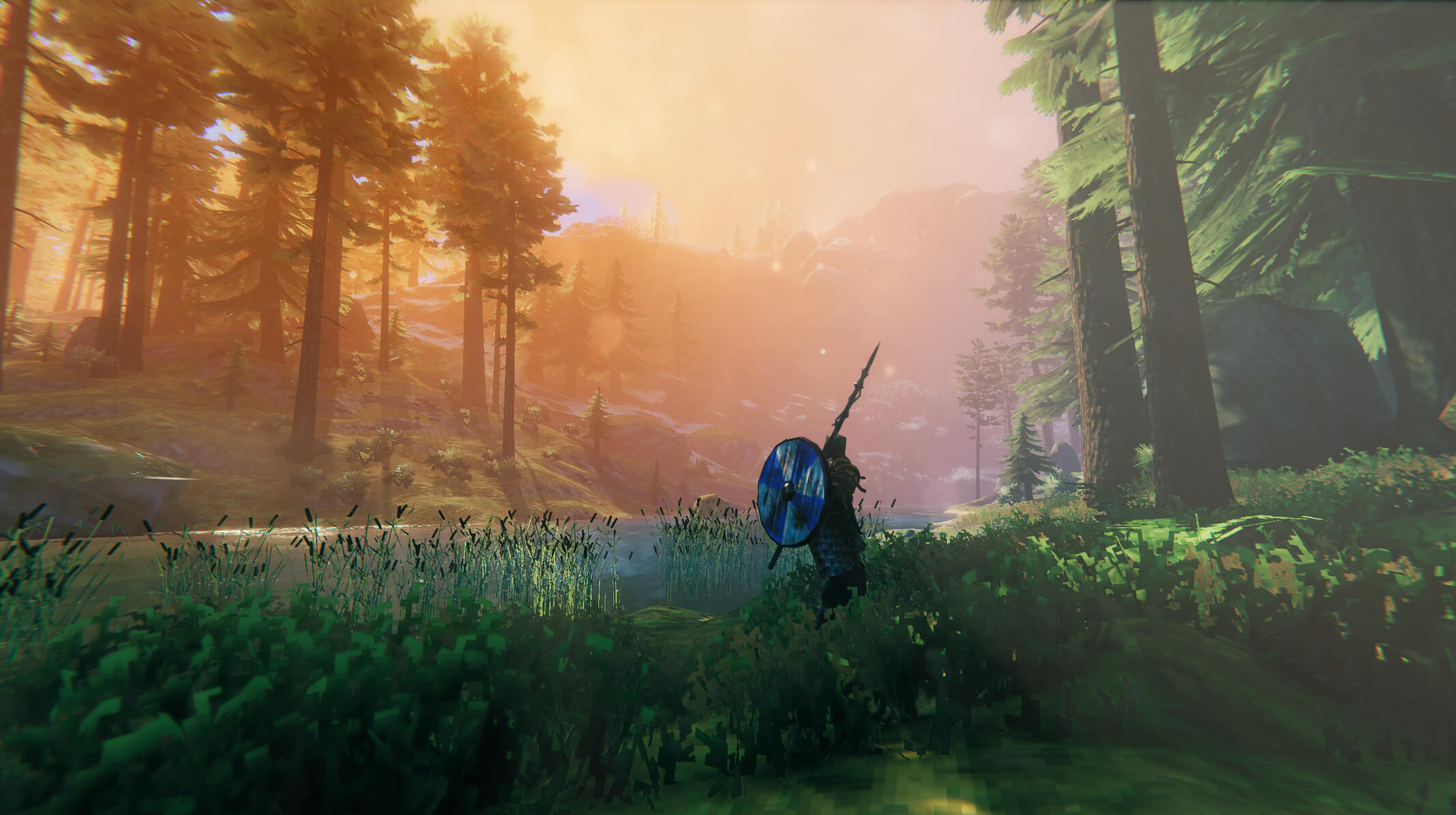 Valheim explorer standing near a forest edge while choosing a safe route away from the base