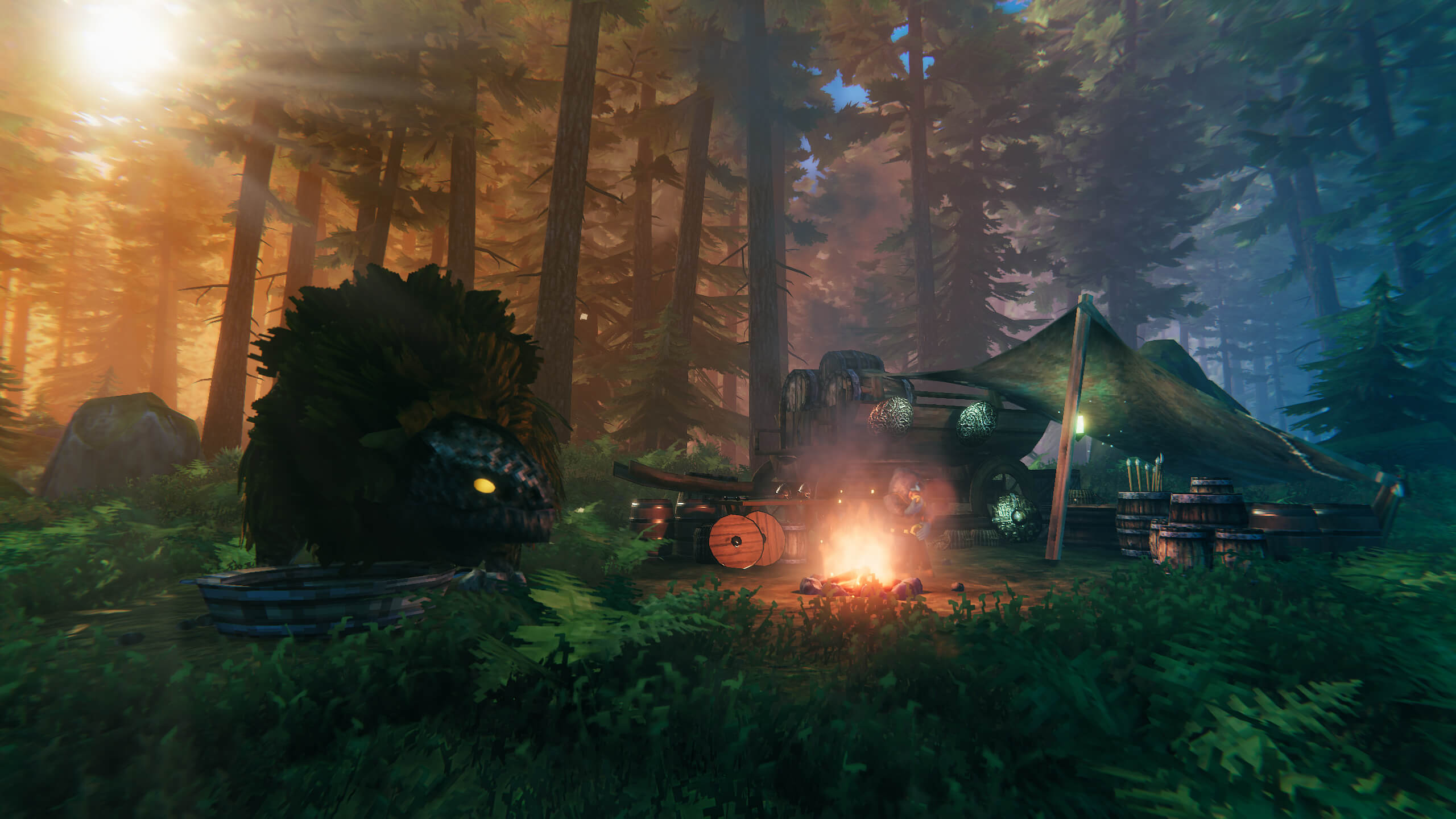 Advanced Valheim forest camp with fire and shelter used before entering a dangerous biome