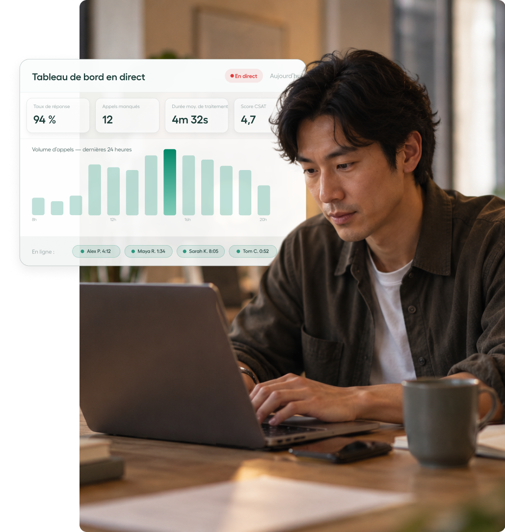 Application Aircall pour PME affichant un appel entrant et les informations du contact
