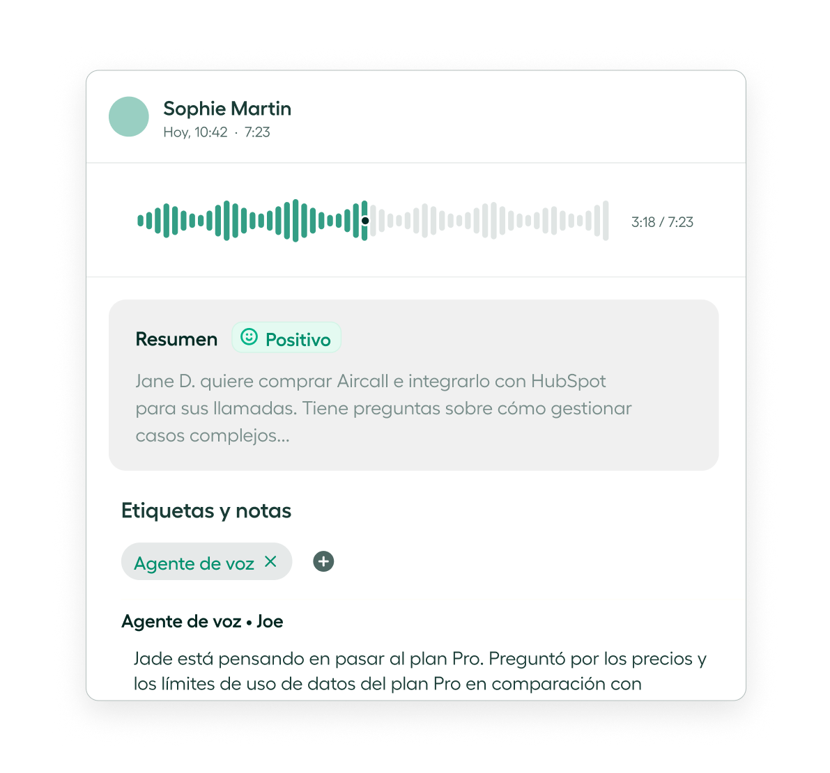 Transcripción, resúmenes y etiquetas de llamadas generados con IA en Aircall