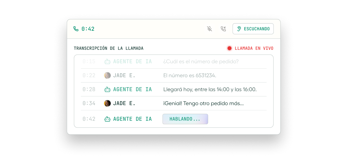 Chat interface showing a call transcription in Spanish between "AGENTE DE IA" and "JADE E.", noting messages like order numbers and delivery times.