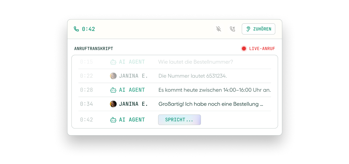A live call transcript showing a conversation between "AI Agent" and "Janina E." discussing an order and timing, with a language change button.