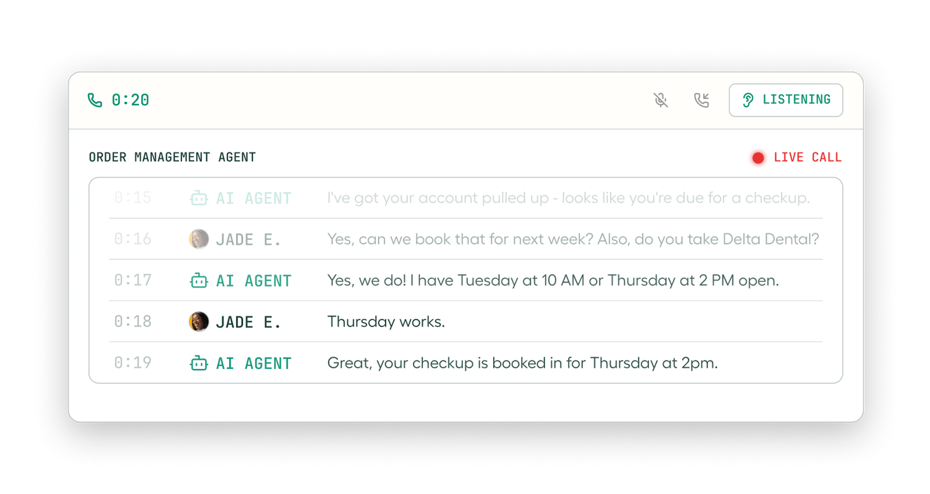 Aircall AI receptionist booking a dental appointment during a live call