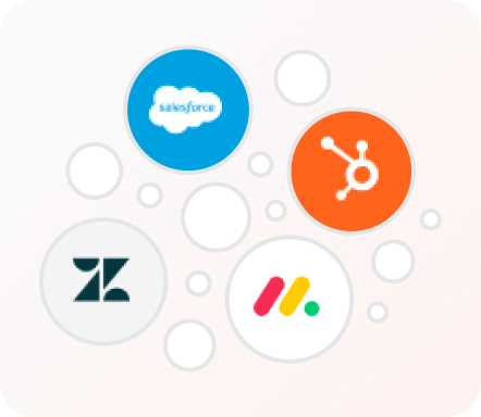 Logos of Salesforce, HubSpot, Zendesk, and monday.com clustered on a gradient background with overlapping white circles.