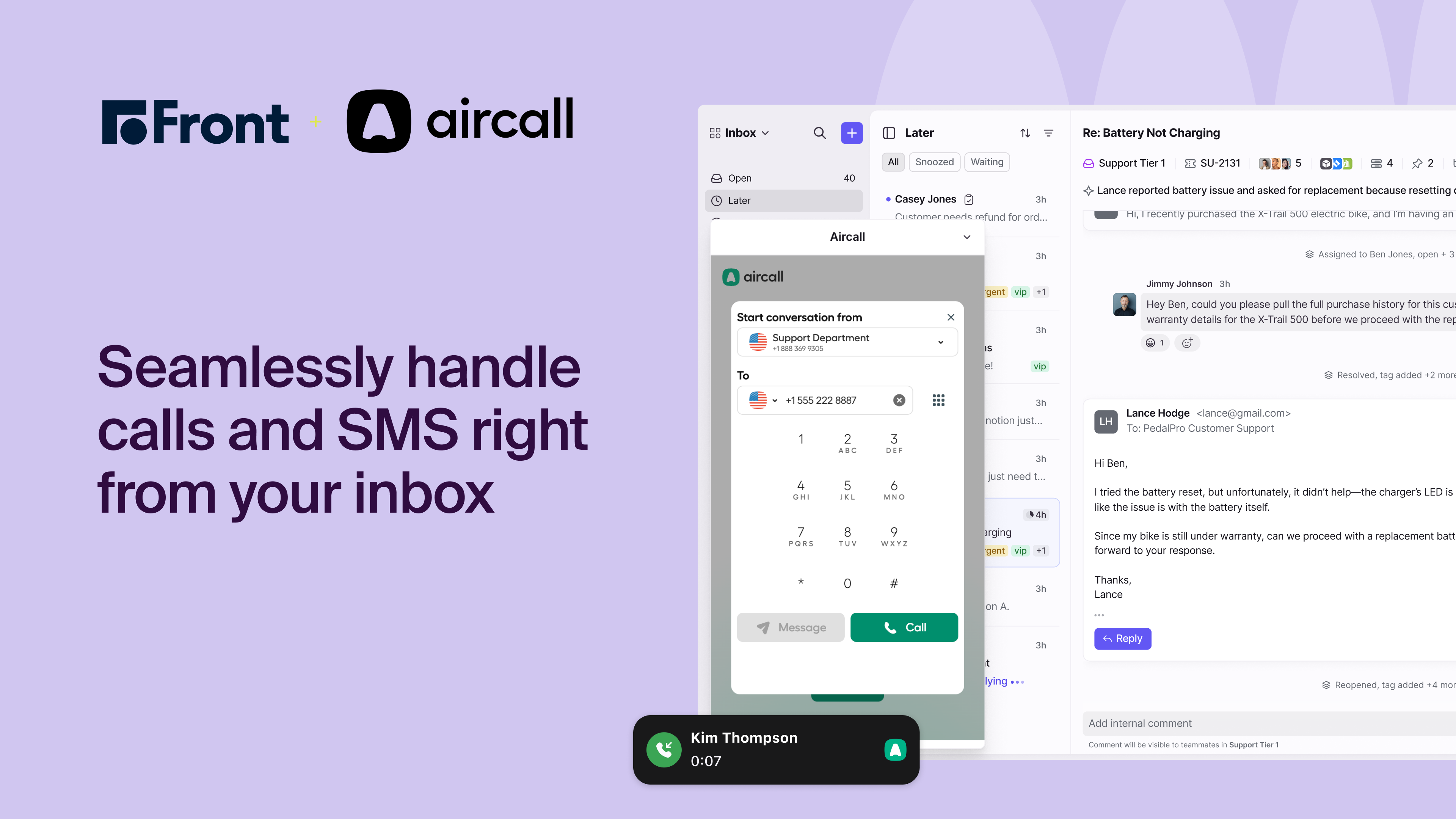 Automatically log calls and voicemails to Front to monitor Aircall activity, right from your Front inbox