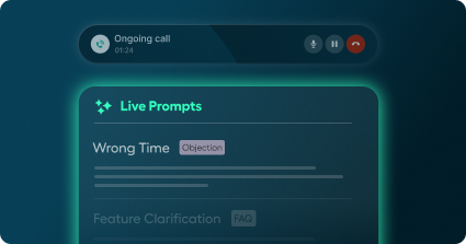 A interface showing an ongoing call status and live prompts.
